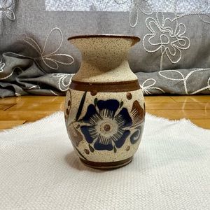 Tonala Mexican Sand Pottery Vase Hand Painted Blue Flowers